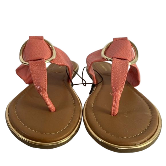 Liz Claiborne Coral Gold Tone Faux Reptile T Post Slides Sandals SKU0775 - Picture 2 of 6